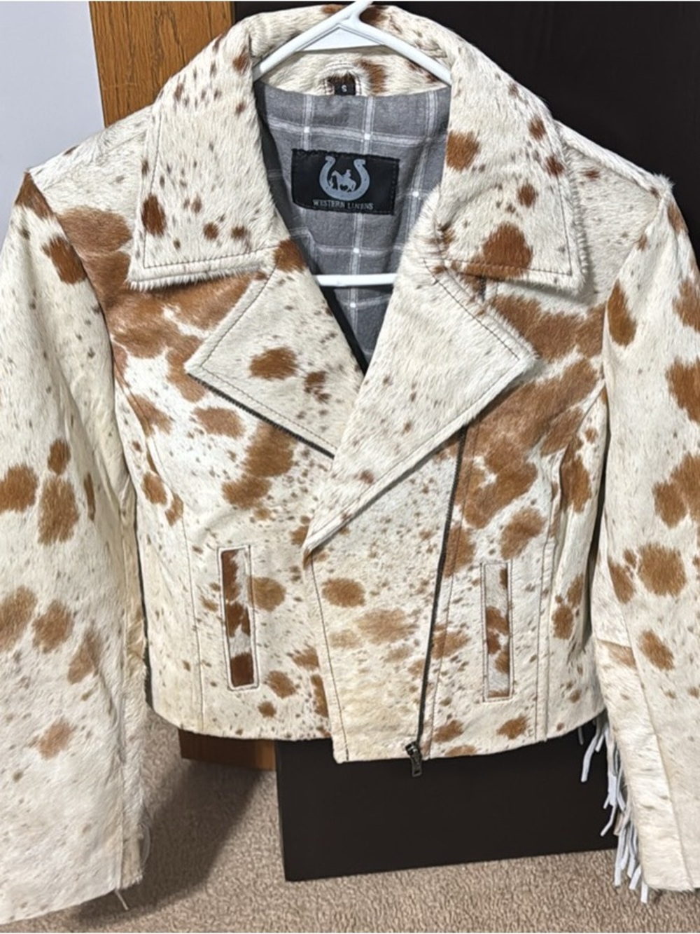 Cropped Cowhide Moto Jacket - Cream & Brown